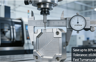 :A precision-machined aluminum CNC milling part being measured with a caliper in a professional workshop, illustrating key benefits of high-precision manufacturing including cost savings and tight tolerances.