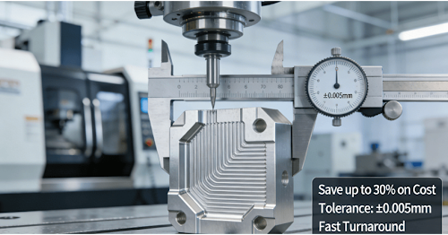 :A precision-machined aluminum CNC milling part being measured with a caliper in a professional workshop, illustrating key benefits of high-precision manufacturing including cost savings and tight tolerances.