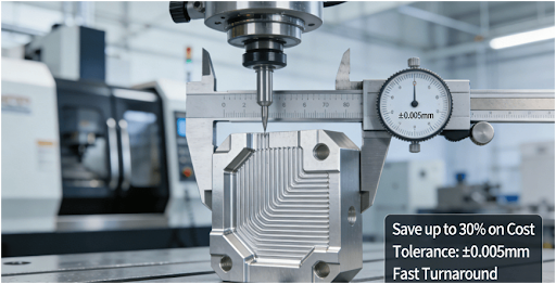 :A precision-machined aluminum CNC milling part being measured with a caliper in a professional workshop, illustrating key benefits of high-precision manufacturing including cost savings and tight tolerances.