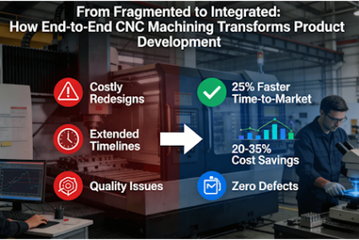 Comparative diagram showing traditional fragmented CNC machining problems (costly redesigns, delays) versus integrated end-to-end service benefits (25% faster time-to-market, 20-35% cost savings) in a professional manufacturing setting.