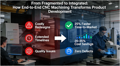 Comparative diagram showing traditional fragmented CNC machining problems (costly redesigns, delays) versus integrated end-to-end service benefits (25% faster time-to-market, 20-35% cost savings) in a professional manufacturing setting.